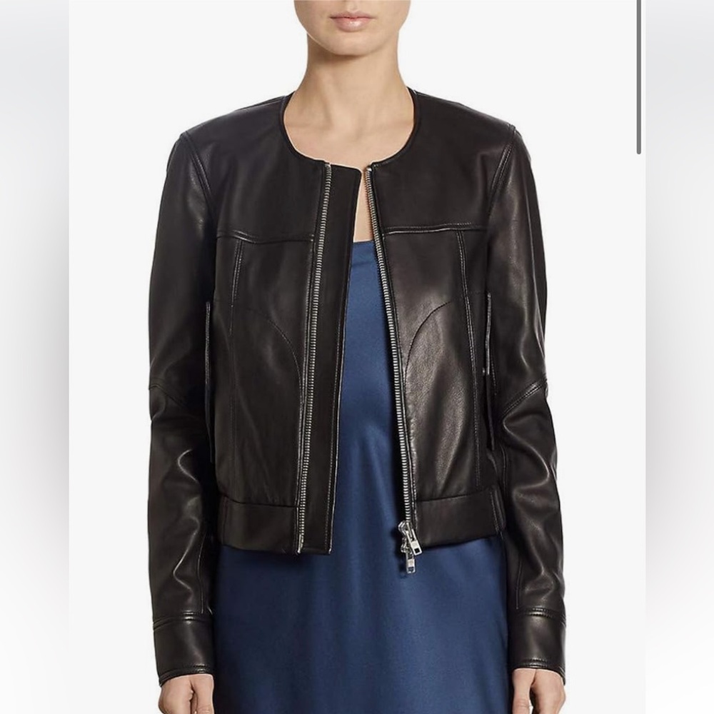 Theory Onorelle Collarless Black Leather Jacket